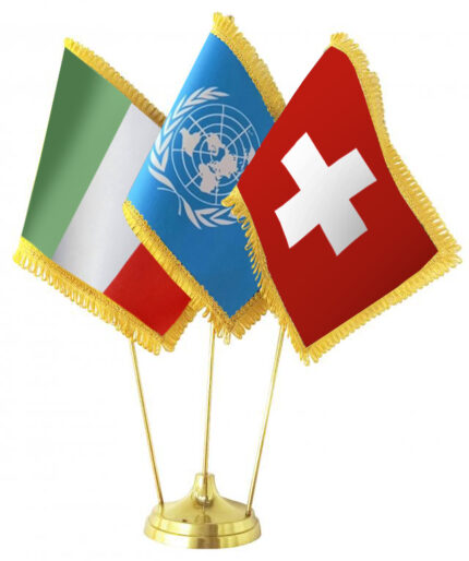 Set Bandierine da tavolo Italia, O.N.U., Svizzera DELUXE completo di stand in ottone dorato