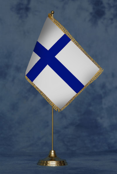 Bandierina Finlandia - DELUXE da tavolo, completa di stand in ottone dorato