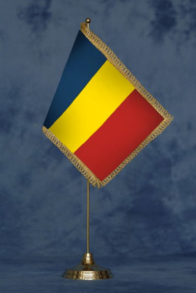 Bandierina Romania - DELUXE da tavolo, completa di stand in ottone dorato